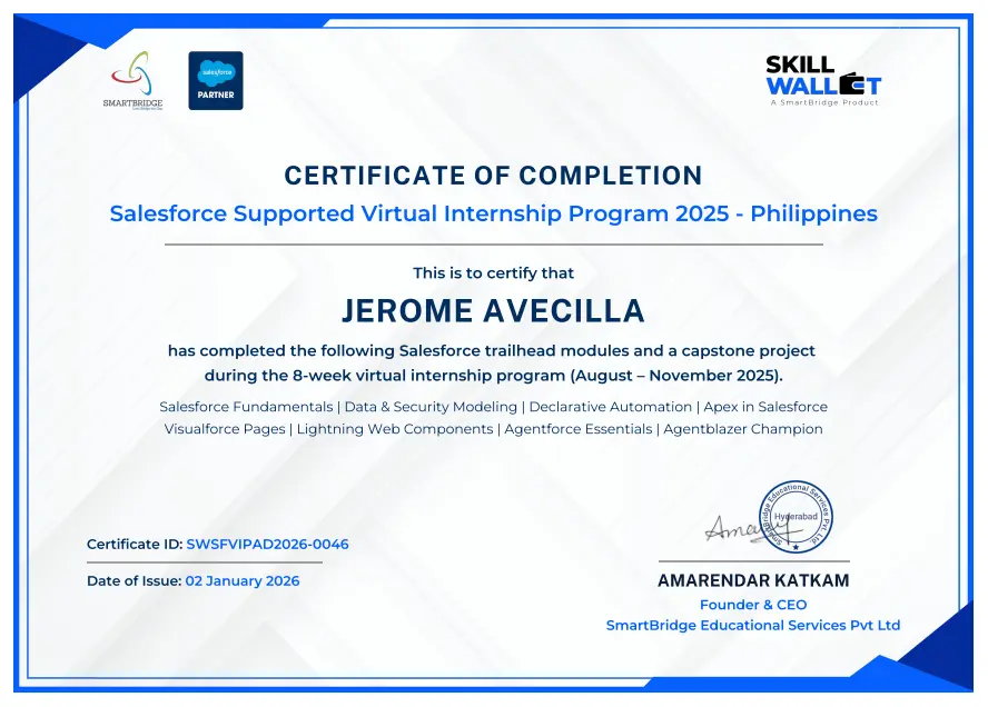 Salesforce Supported Virtual Internship Program 2025- Philippines Completion